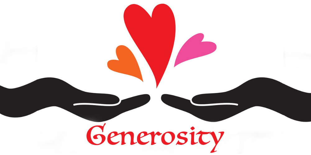 illustration two hands coming together with 3 pink hearts above them and the word Generosity below them.